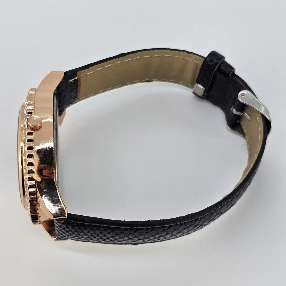 41MM Women Watch Cream Dial‎ Crystal Bezels Black Faux Leather Bands NEW Battery